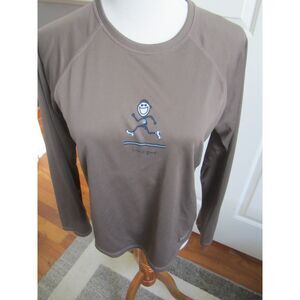 LIFE IS GOOD WOMENS LONG SLEEVE  BROWN STRETCH   RUNNER TEE   MEDIUM
